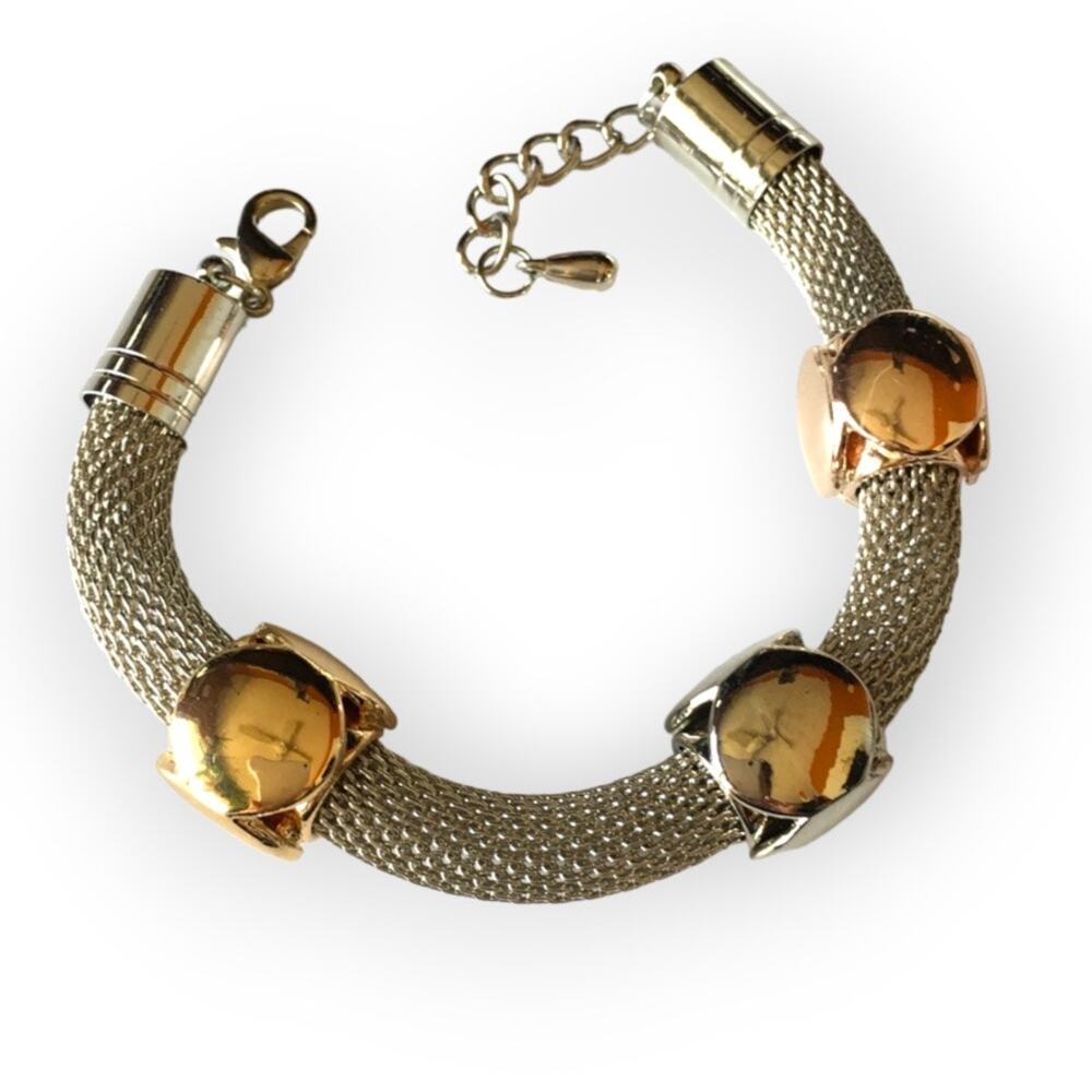 Silver tone wire mesh bracelet with mixed metal accent beads